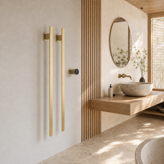 Sèche-serviettes électrique 2 barres finition Or - salle de bain beige et bois