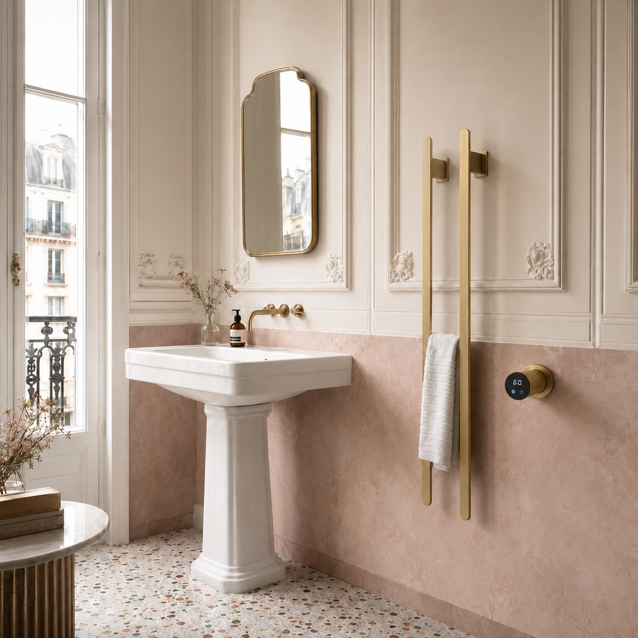 Sèche-serviettes électrique 2 barres finition Or - salle de bain parisienne rose et crème
