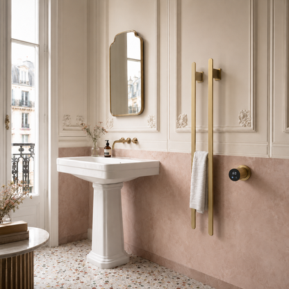 Sèche-serviettes électrique 2 barres finition Or - salle de bain parisienne rose et crème