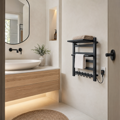 Sèche-serviettes électrique échelle mural noir - salle de bain beige minimaliste