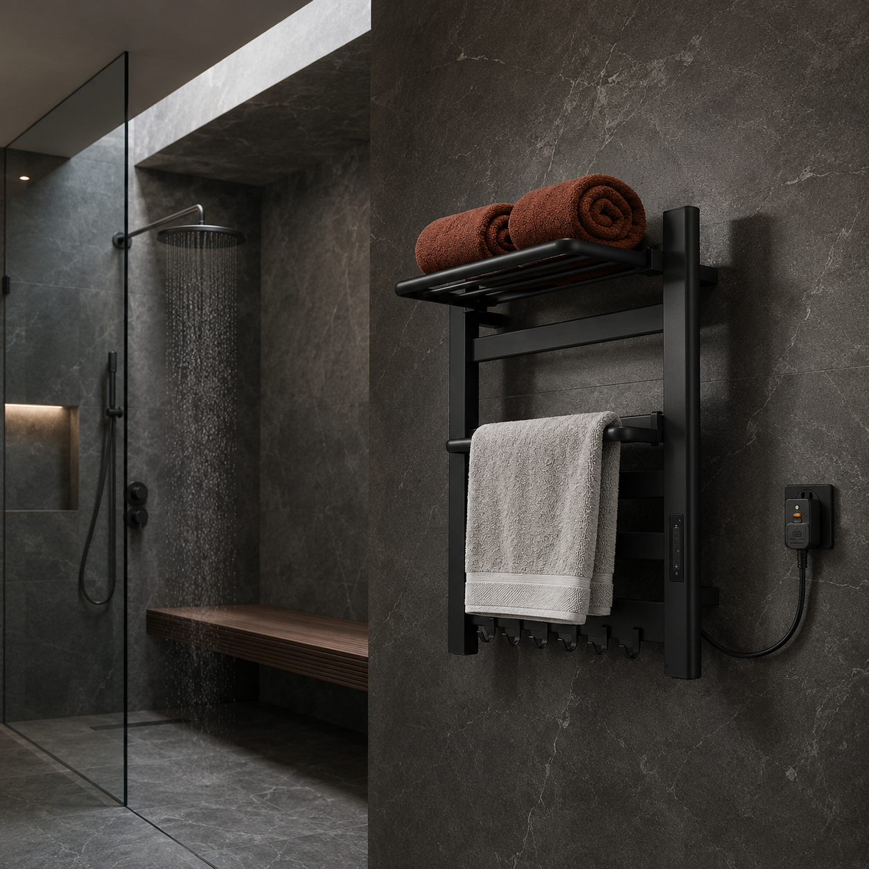 Sèche-serviettes électrique échelle mural noir - salle de bain pierre sombre douche