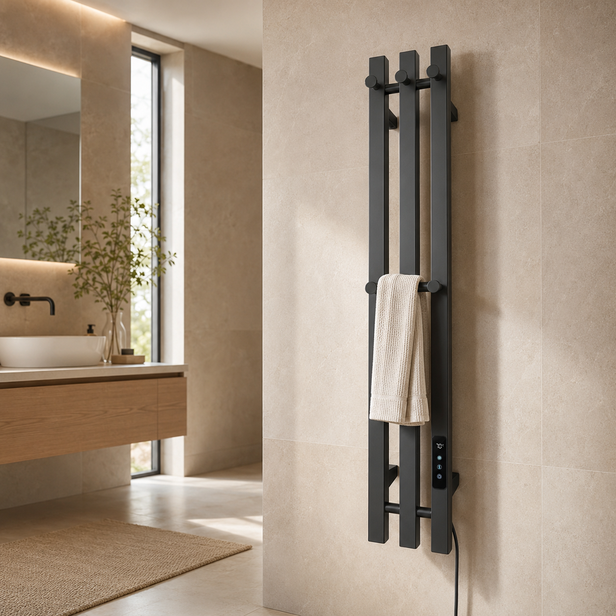 Sèche-serviettes électrique mural noir - salle de bain beige et travertin