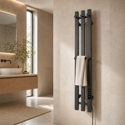 Sèche-serviettes électrique mural noir - salle de bain beige et travertin