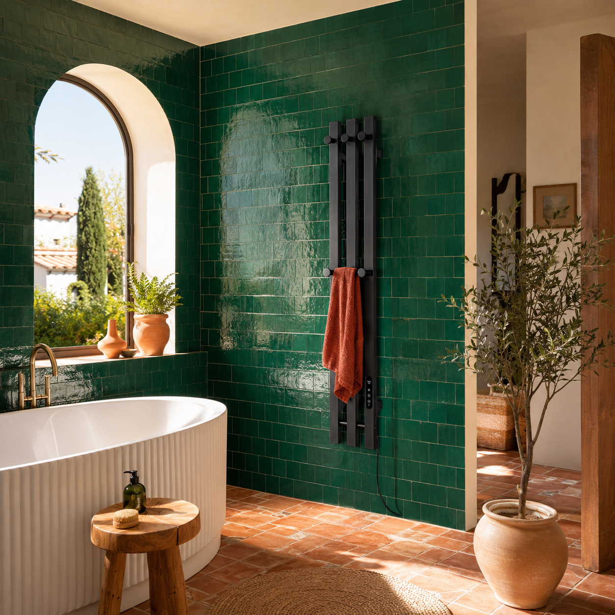 Sèche-serviettes électrique mural noir - salle de bain carreaux verts et baignoire îlot